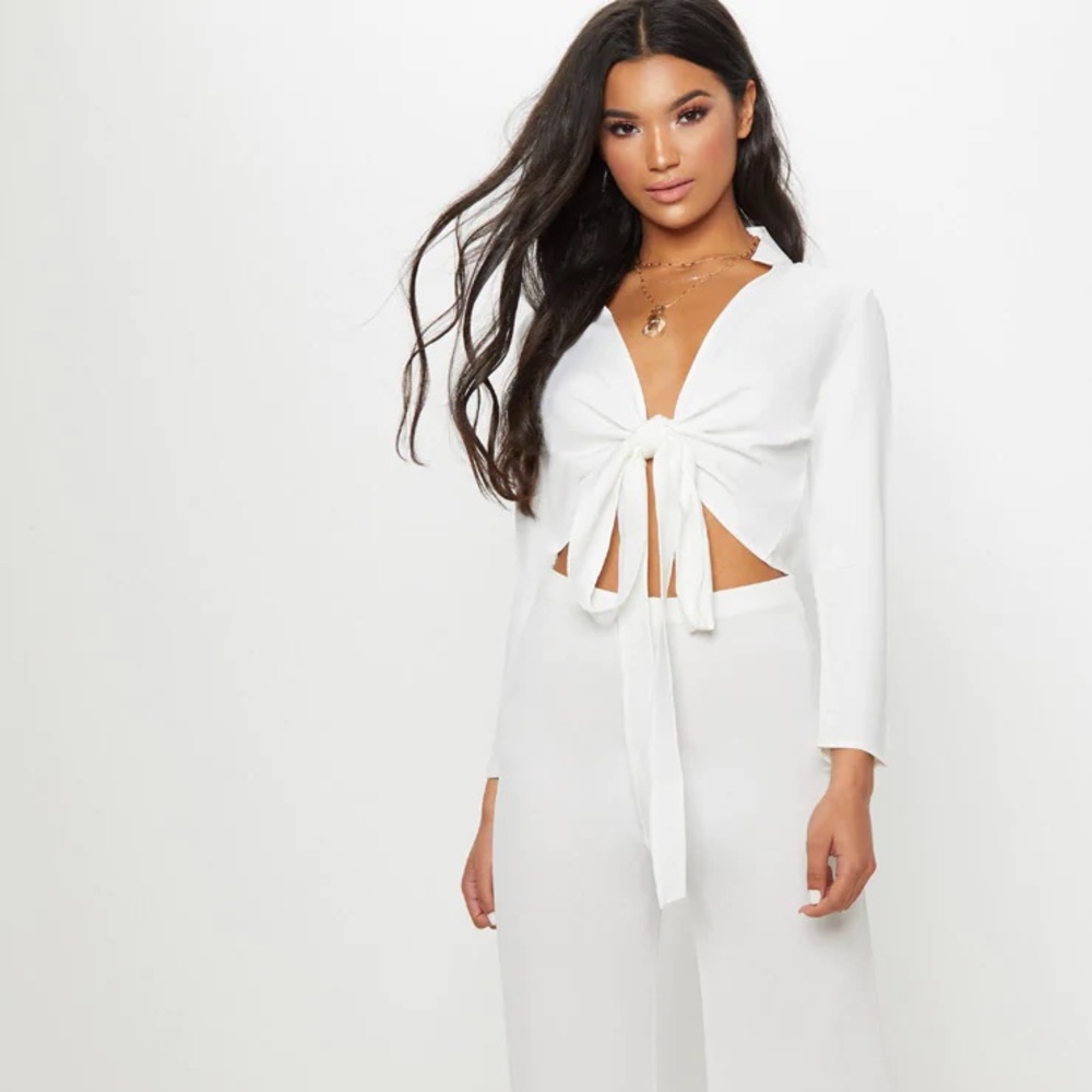 Blanche White Tie Front Long Sleeve Crop Blouse
